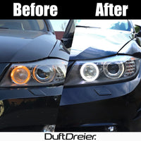 LED Angel Eyes vorher und nachher an einem schwarzen bmw e91 